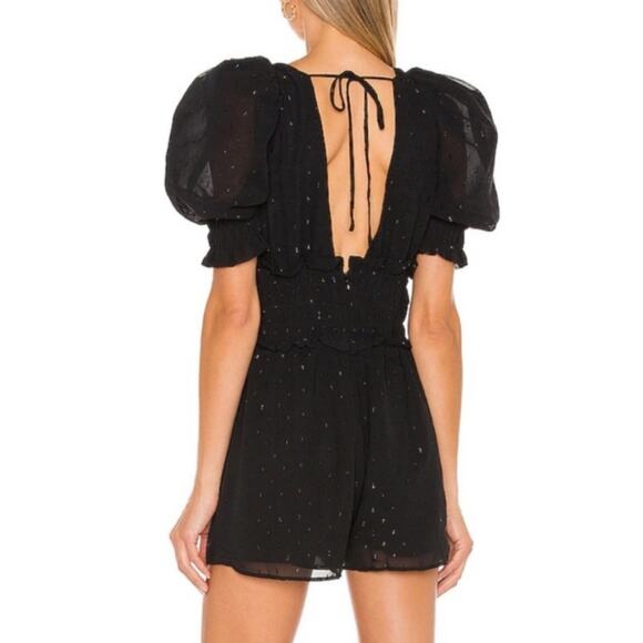 NBD Anya Black Chiffon Open Back Puff Sleeve Romper S - Picture 3 of 10